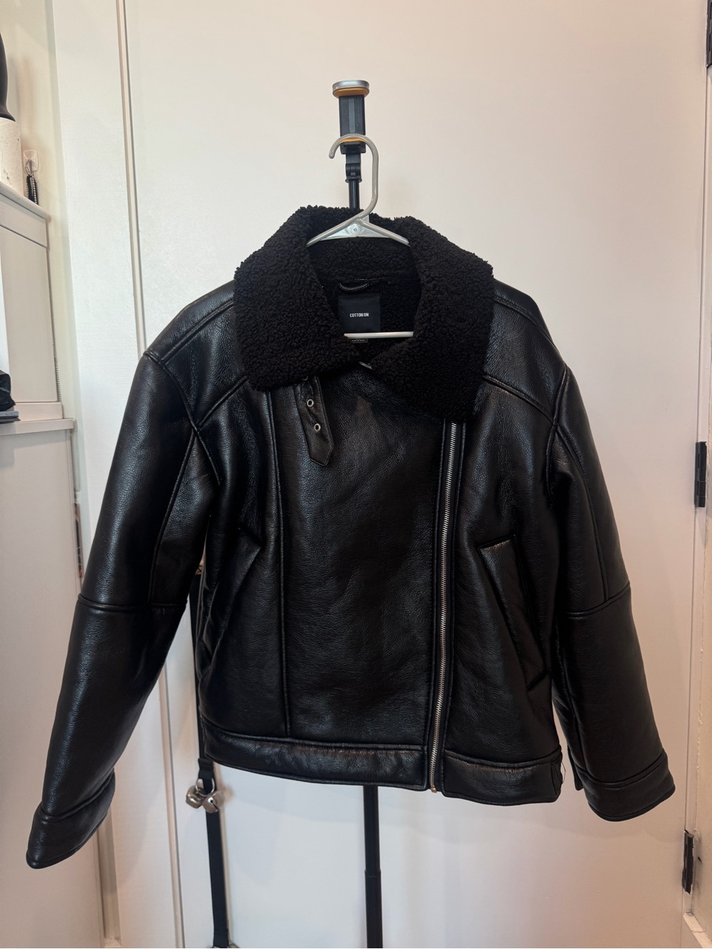 Cotton On Black Faux Leather Sherpa Collar Jacket